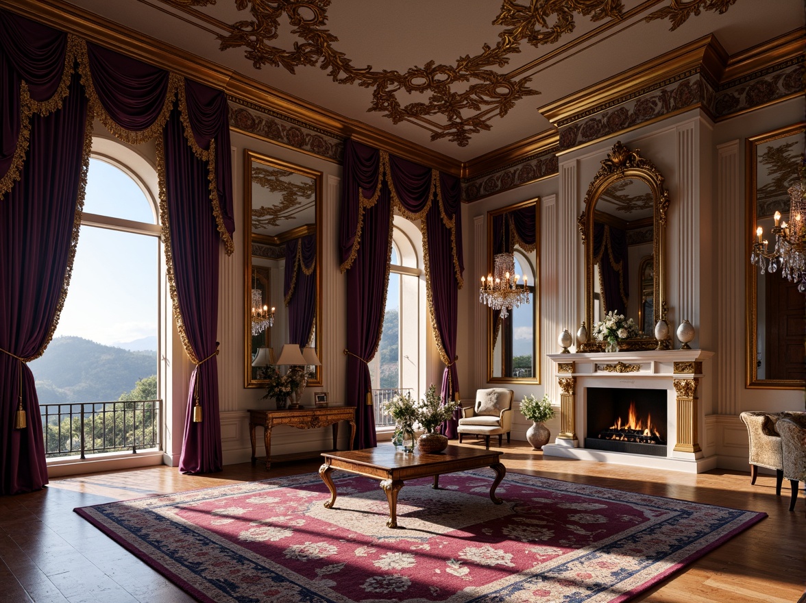 Prompt: Opulent baroque mansion, grandiose drapery, rich velvet fabrics, golden tassels, ornate wooden cornices, lavish silk curtains, intricate embroidery patterns, majestic swag valances, crystal beaded trimmings, luxurious floor-to-ceiling drapes, regal purple accents, soft warm lighting, ornate gilded frames, panoramic views, realistic textures, ambient occlusion.