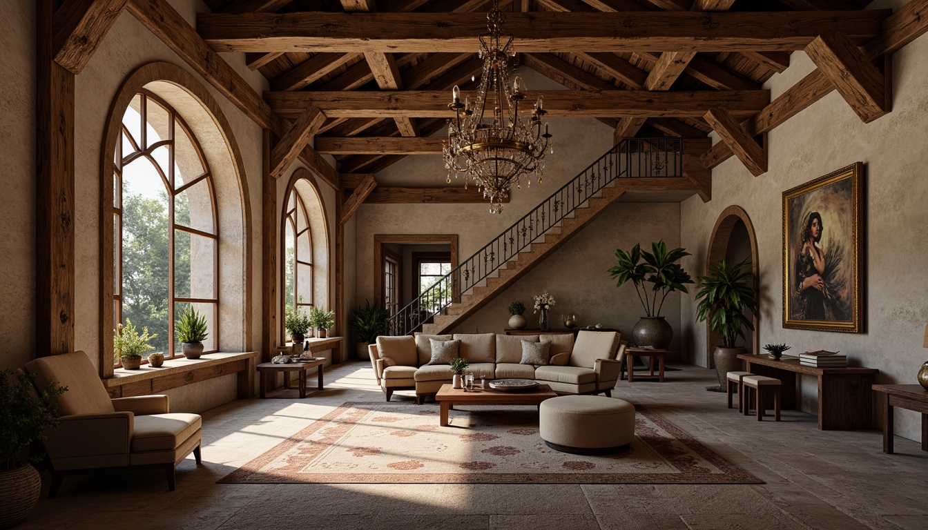 Prompt: Rustic stone walls, earthy tones, natural materials, wooden accents, distressed finishes, vintage metal fixtures, ornate carvings, grand archways, sweeping staircases, lavish chandeliers, intricate moldings, warm ambient lighting, soft shadows, 3/4 composition, shallow depth of field, realistic textures, ambient occlusion.