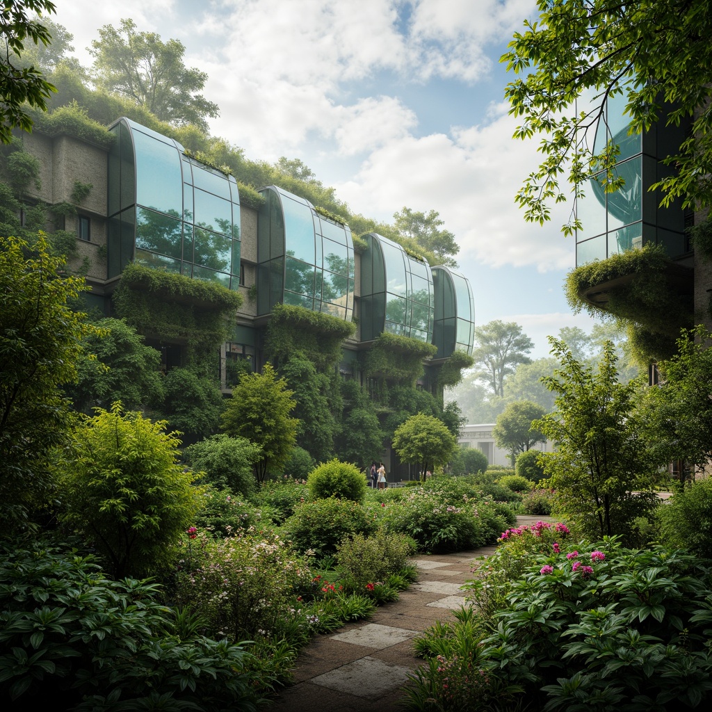 Prompt: Lush tropical vegetation, exotic plants, misty atmosphere, natural light filtering, iridescent glass facades, curved biomimetic architecture, organic shapes, eco-friendly materials, rainwater harvesting systems, green roofs, living walls, solar panels, wind turbines, biogas energy generation, hydroponic farming, aeroponic cultivation, climate-controlled environments, misting systems, warm natural lighting, shallow depth of field, 1/1 composition, panoramic view, realistic textures, ambient occlusion.