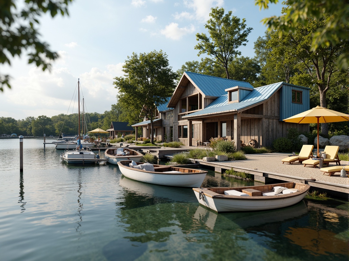 Prompt: Rustic boathouse, weathered wood tones, nautical blues, crisp whites, sandy neutrals, aquatic greens, sunny yellow accents, distressed finishes, natural textures, lakefront surroundings, serene atmosphere, soft warm lighting, shallow depth of field, 1/2 composition, realistic reflections, ambient occlusion.