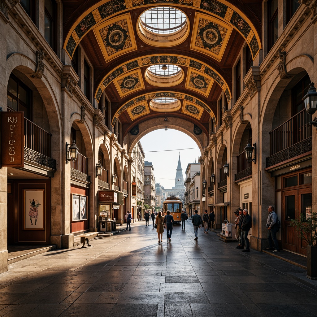 Prompt: Grand tram station, Romanesque arches, ornate stone carvings, vaulted ceilings, intricate mosaics, warm golden lighting, rich wood accents, vintage metal fixtures, bustling city atmosphere, morning commuters, natural stone floors, stained glass windows, curved staircases, decorative ironwork, historic architecture, subtle rustic textures, ambient occlusion, shallow depth of field, 1/2 composition, realistic render.