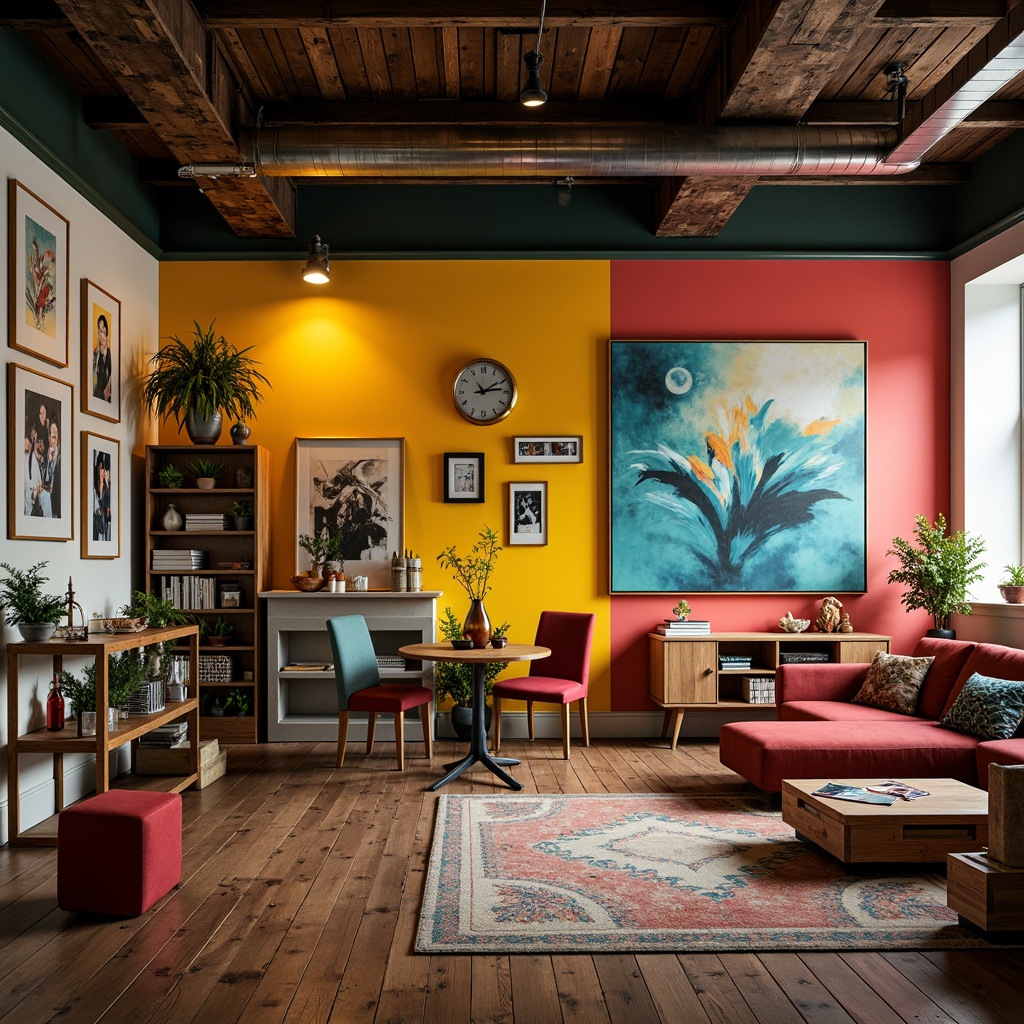 Prompt: Vibrant art studio, eclectic decorative accents, bold colorful walls, rustic wooden floors, modern abstract artwork, sleek metal fixtures, trendy industrial lighting, natural earthy tones, pastel-inspired hues, rich jewel-toned accents, soft warm glow, dramatic shadows, 1/2 composition, intimate atmosphere, realistic textures, ambient occlusion.