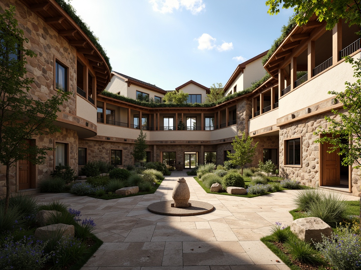 Prompt: Rustic university campus, locally-sourced materials, natural stone walls, reclaimed wood accents, earthy color palette, organic forms, curved lines, traditional architectural elements, cultural heritage inspiration, regional identity emphasis, lush green roofs, native plant species, shaded courtyards, warm sunlight filtering, soft shadows, 1/1 composition, realistic textures, ambient occlusion.