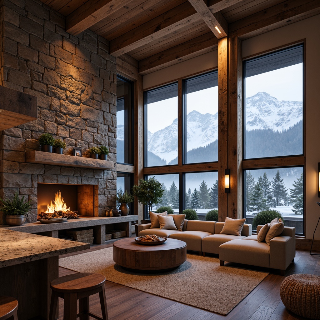 Prompt: Majestic mountain lodge, earthy brown stones, rustic wooden accents, snow-capped peaks, misty foggy atmosphere, warm cozy fireplaces, plush velvet furnishings, natural linen textiles, weathered copper details, granite countertops, reclaimed wood beams, floor-to-ceiling windows, dramatic ceiling heights, soft warm lighting, 1/1 composition, shallow depth of field, cinematic color grading, realistic rock textures, ambient occlusion.