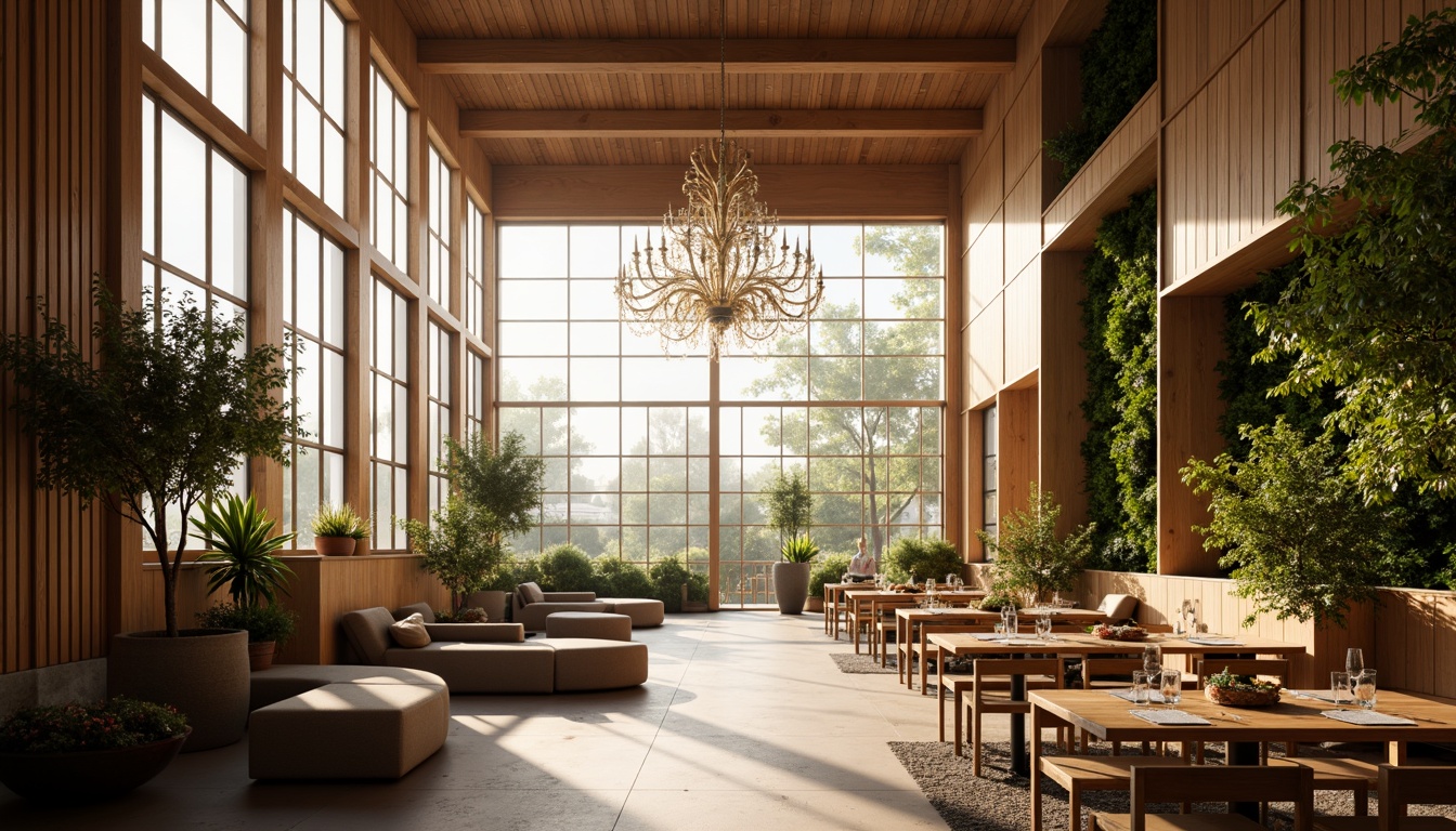 Prompt: Spacious dining hall, high ceilings, large windows, natural light pouring in, warm wood tones, comfortable seating, elegant chandeliers, soft warm lighting, shallow depth of field, 3/4 composition, minimalist decor, simple color palette, earthy materials, greenery walls, lush plants, organic textures, subtle shadows, airy atmosphere, relaxed ambiance.