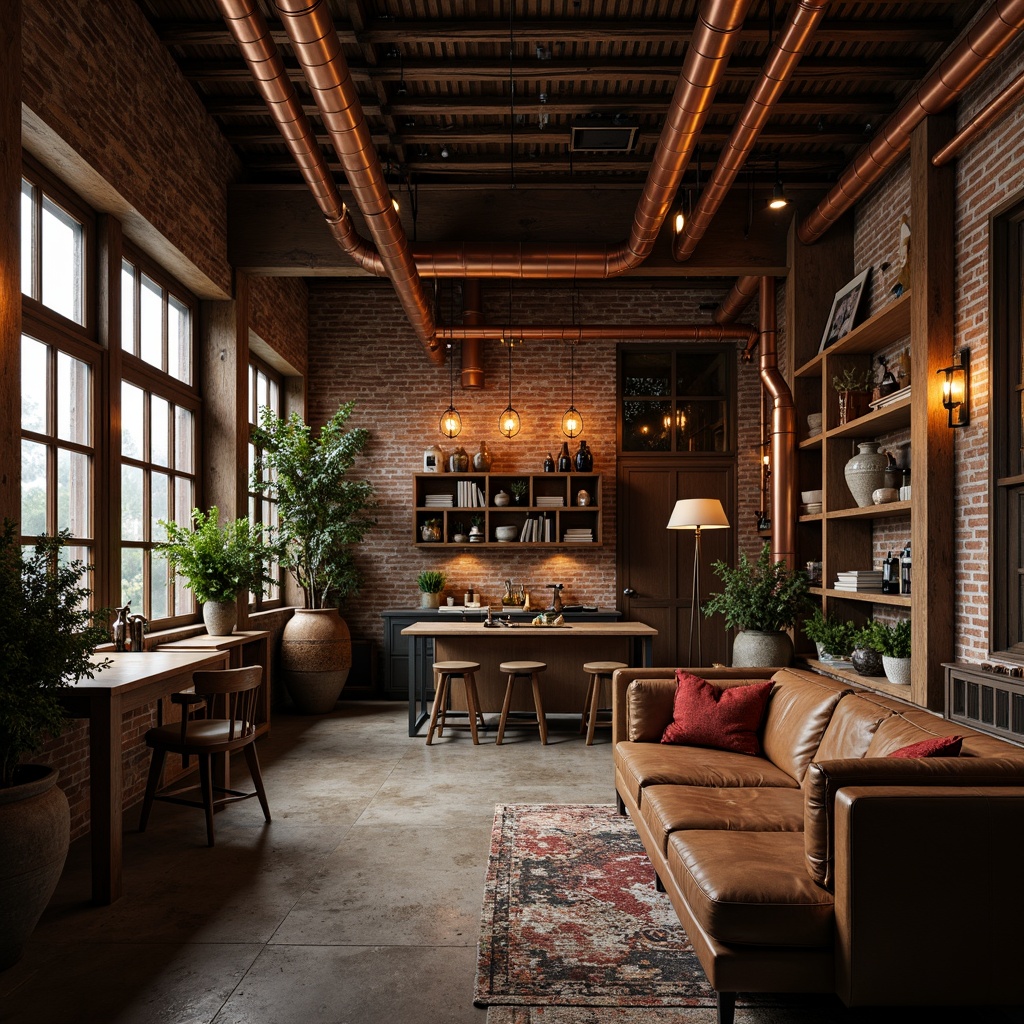 Prompt: Rustic wooden accents, worn brick walls, polished copper pipes, distressed leather upholstery, vintage industrial lighting, metal grid ceilings, reclaimed wood shelving, earthy color palette, natural stone floors, rich textiles, ornate metalwork, luxurious velvet drapes, dim warm ambiance, soft focused lighting, 1/2 composition, atmospheric perspective, realistic materiality.