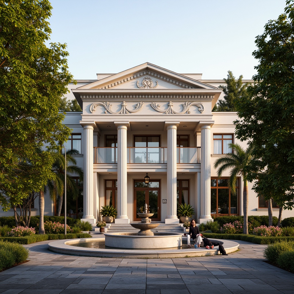 Prompt: Elegant office building facade, symmetrical architecture, ornate columns, carved stone details, manicured lawns, trimmed hedges, blooming flowerbeds, majestic trees, serene fountain features, natural stone walkways, bronze statues, classic lanterns, warm golden lighting, shallow depth of field, 2/3 composition, panoramic view, realistic textures, ambient occlusion.