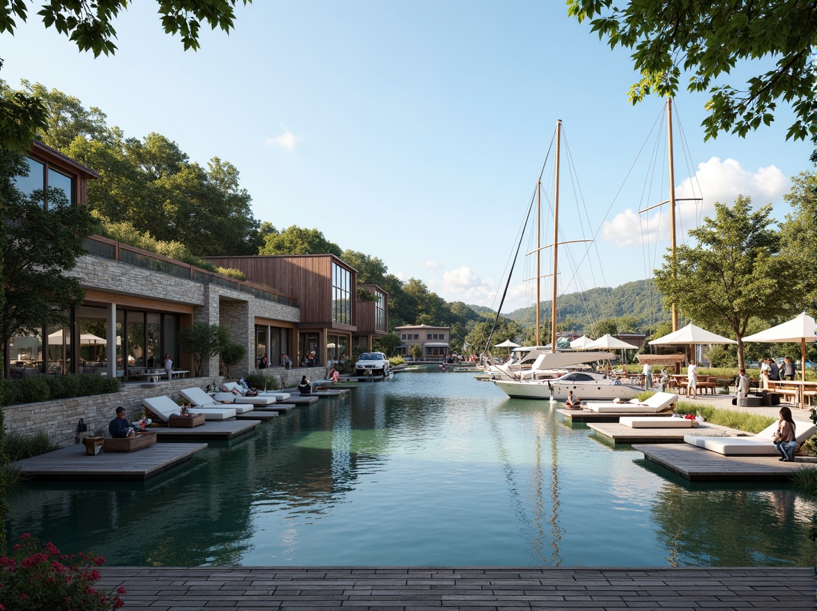 Prompt: Luxurious boathouse, modern nautical architecture, sleek wooden docks, crystal-clear water reflections, sailboats and yachts, waterfront promenade, lush greenery, vibrant flowers, rustic stone walls, weathered wood accents, warm cozy lighting, shallow depth of field, 1/2 composition, panoramic view, realistic textures, ambient occlusion.