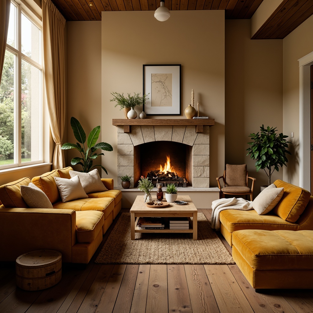 Prompt: Cozy living room, warm beige walls, plush velvet sofa, golden wooden accents, soft cream-colored curtains, inviting earthy tones, natural stone fireplace, crackling fire, warm ambient lighting, shallow depth of field, 3/4 composition, realistic textures, rustic wood flooring, comfortable seating area, intimate gathering space.