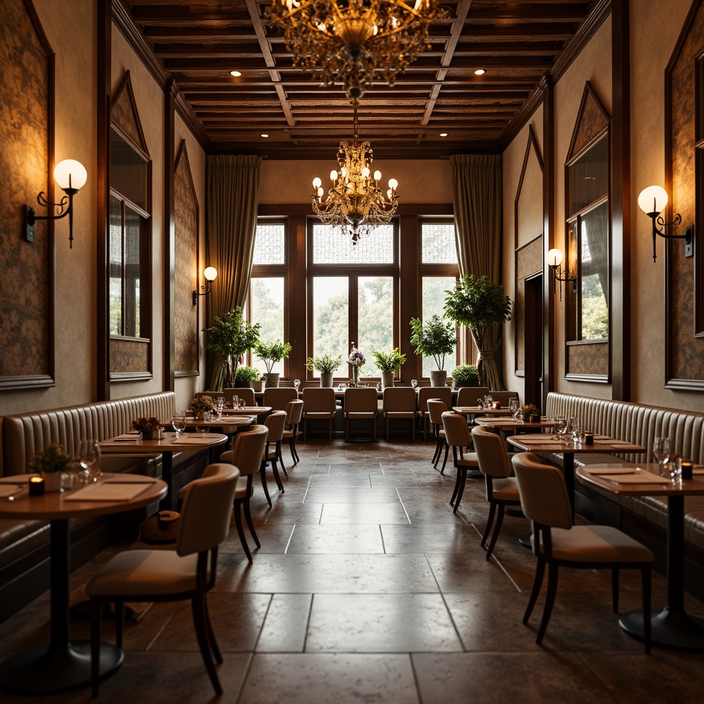 Prompt: Elegant dining hall, refined wooden tables, upholstered chairs, lavish chandeliers, marble floors, textured stone walls, warm ambient lighting, soft focus blur, 1/2 composition, ornate ceiling details, luxurious fabrics, rich wood tones, sophisticated color palette, subtle sheen, realistic reflections, intricate patterns, cozy atmosphere, intimate seating areas.