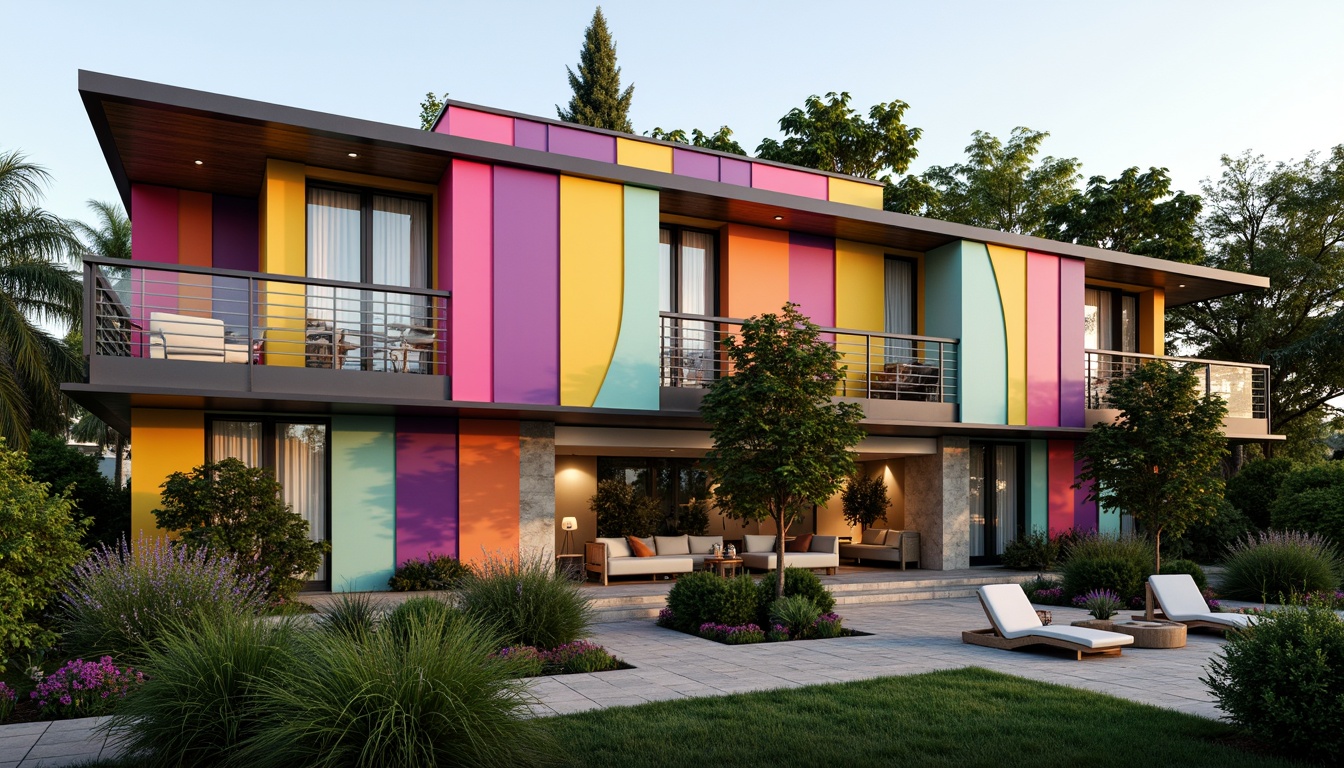 Prompt: Vibrant residential facade, bold color schemes, dynamic patterned walls, large windows, sliding glass doors, modern minimalist balconies, sleek metal railings, lush greenery, flowering plants, natural stone cladding, wood accents, abstract geometric shapes, cantilevered roofs, overhanging eaves, warm ambient lighting, soft shadows, 1/2 composition, shallow depth of field, realistic textures, ambient occlusion.