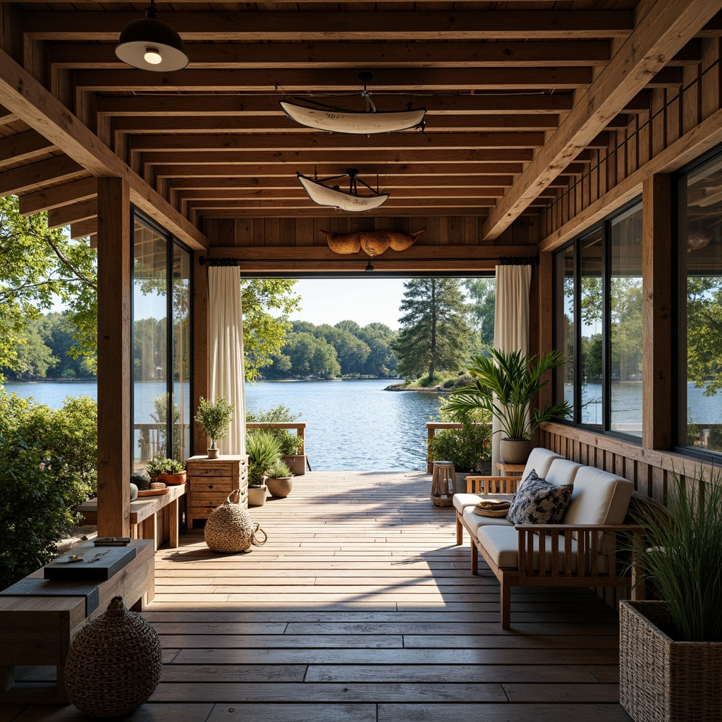 Prompt: Waterfront boathouse, rustic wooden dock, natural ventilation, open windows, sliding glass doors, nautical themed decor, vintage boat models, fishing nets, marine life-inspired patterns, weathered wood textures, earthy color palette, serene lake views, surrounding lush greenery, sunny day, soft warm lighting, shallow depth of field, 3/4 composition, panoramic view, realistic water reflections.