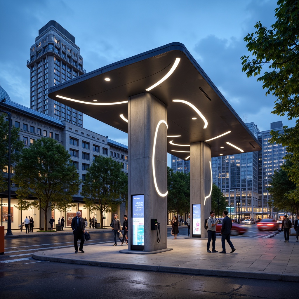 Prompt: Futuristic charging station, sleek metal canopy, LED lighting strips, dynamic curves, parametric design, sustainable energy solutions, solar panels, wind turbines, green roofs, eco-friendly materials, minimalist architecture, modern urban landscape, busy street scene, neon city lights, shallow depth of field, 1/2 composition, realistic reflections, ambient occlusion.