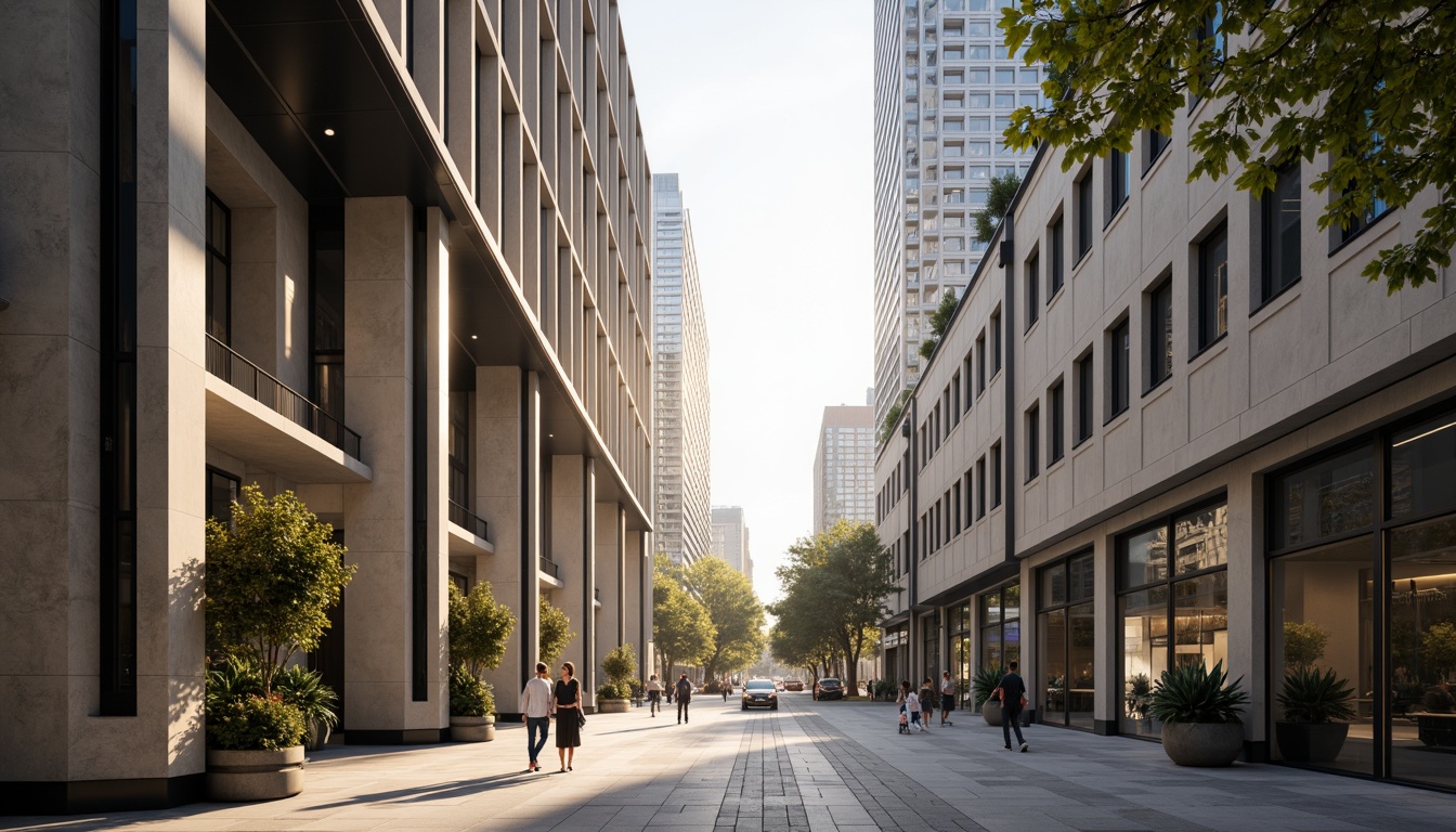 Prompt: Elegant modern architecture, symmetrical columns, ornate capitals, sleek metallic surfaces, glass accents, minimalist design, urban cityscape, busy street scene, morning sunlight, soft warm lighting, shallow depth of field, 3/4 composition, realistic textures, ambient occlusion.