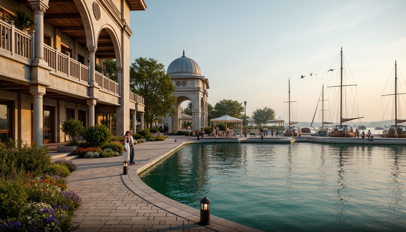 Prompt: Majestic waterfront promenade, intricately designed bridges, Byzantine-inspired arches, ornate stone carvings, grandiose pillars, majestic domes, turquoise waters, sailboats, seagulls, lush greenery, vibrant flowers, natural stone walkways, weathered wooden docks, rustic lanterns, warm golden lighting, soft misty atmosphere, 1/2 composition, low-angle shot, detailed textures, realistic water reflections.