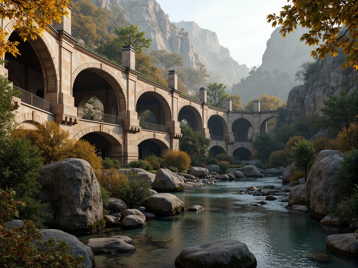 Prompt: Ancient stone bridges, ornate Byzantine arches, rustic stonework patterns, weathered rock surfaces, moss-covered walls, majestic river crossings, grandiose piers, intricate carvings, ornamental columns, golden accents, warm afternoon light, soft misty atmosphere, atmospheric perspective, 1/2 composition, detailed textures, subtle color grading.