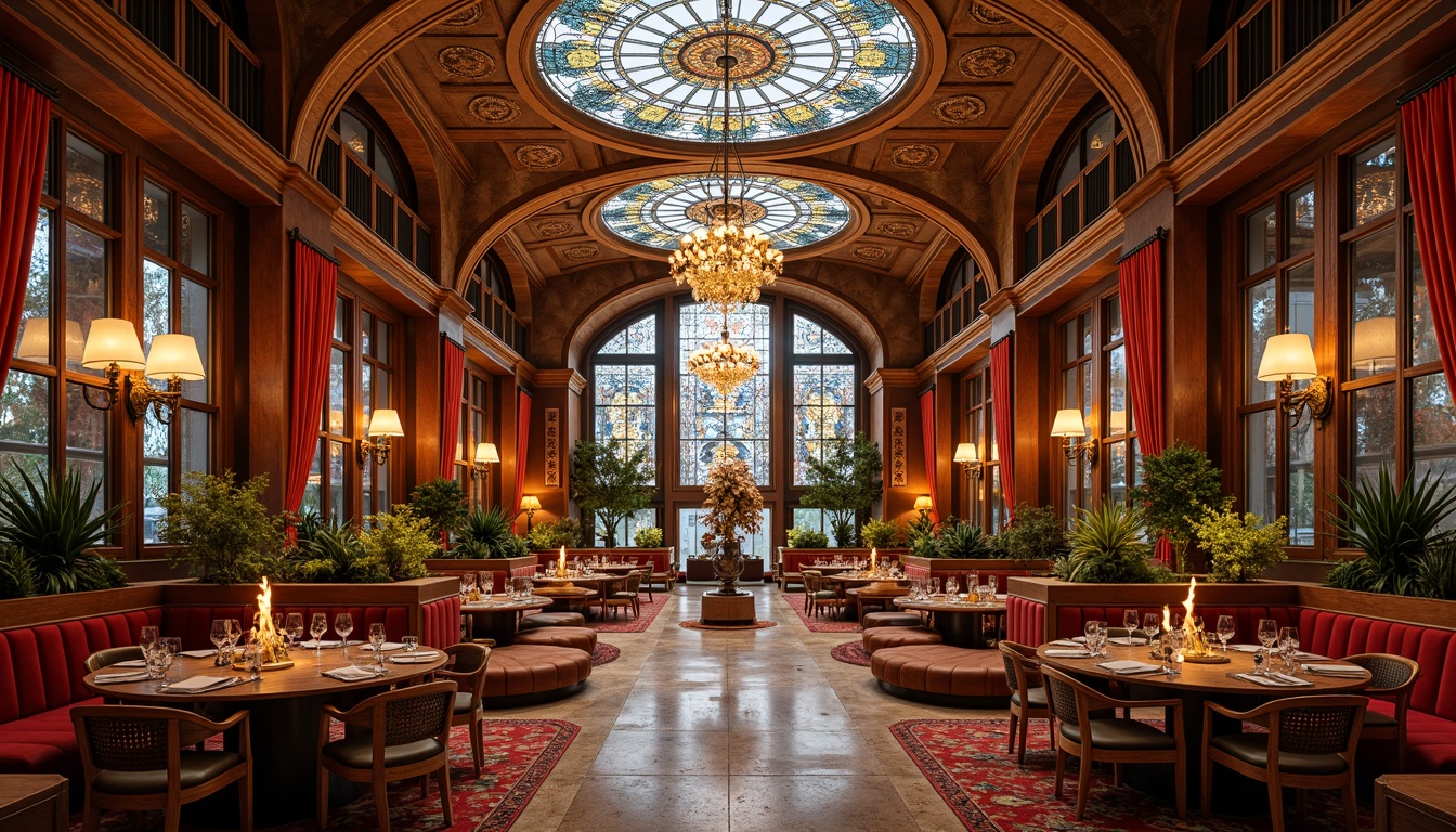 Prompt: Opulent dining hall, sinuous lines, flowing curves, ornate metalwork, stained glass windows, grand chandeliers, velvet drapes, rich wood paneling, intricate carvings, organic shapes, luxurious fabrics, vibrant colors, high ceilings, spacious atmosphere, dramatic lighting, warm golden tones, Art Nouveau patterns, elegant furnishings, refined decor, sophisticated ambiance.