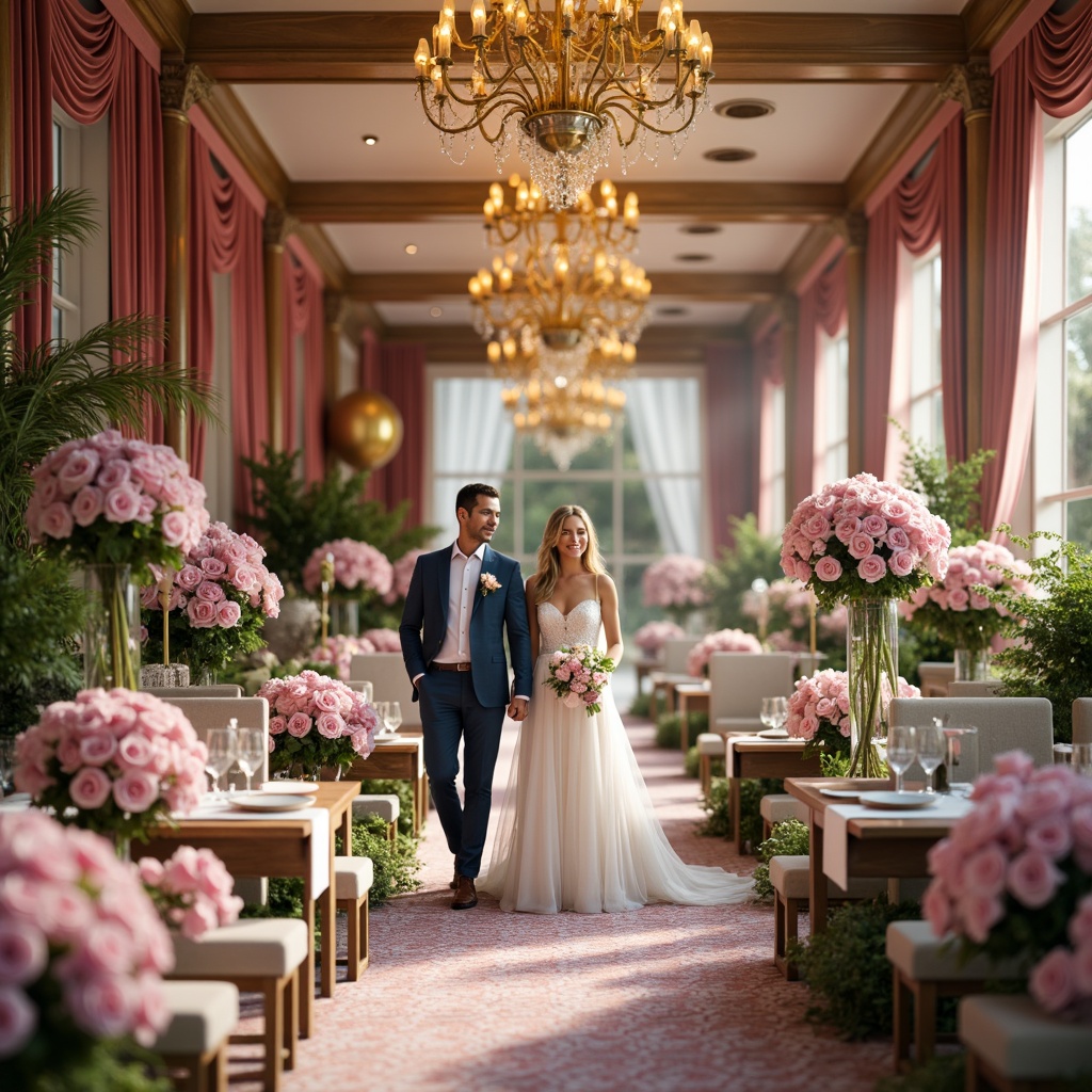 Prompt: Vibrant wedding ceremony, pastel pink roses, lavender bouquets, golden balloons, sparkling chandeliers, luxurious velvet drapes, soft warm lighting, shallow depth of field, 3/4 composition, romantic atmosphere, intimate gathering, elegant wooden tables, fine china decorations, delicate glassware, vibrant turquoise accents, rich emerald greenery, whimsical paper flowers, playful polka dots, joyful laughter, warm sunny day.