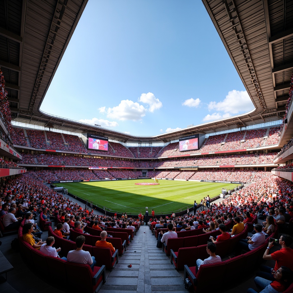 Prompt: Vibrant sports stadium, energetic crowd atmosphere, bold team colors, bright scoreboard displays, dynamic LED lighting, modern architecture, sleek metal structures, polished concrete floors, comfortable seating areas, sunny day, warm natural light, shallow depth of field, 3/4 composition, panoramic view, realistic textures, ambient occlusion.