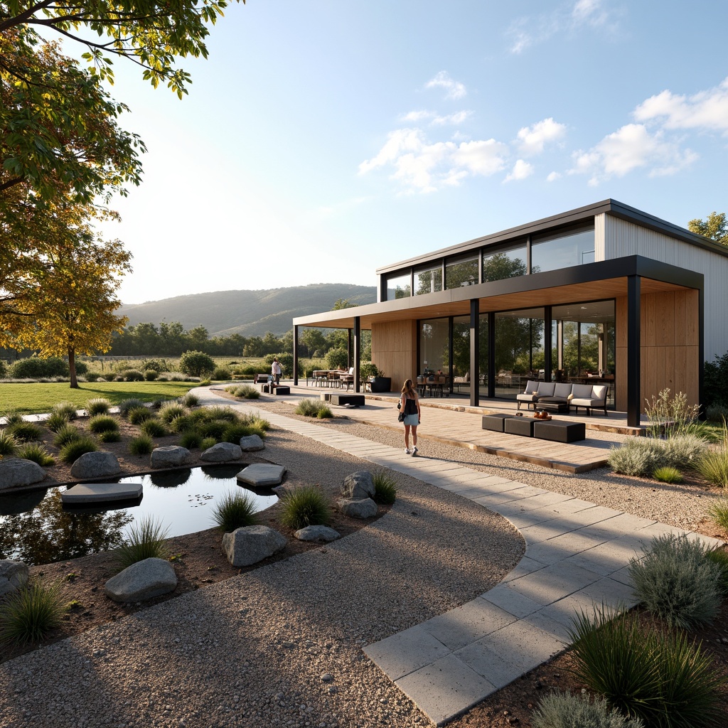 Prompt: Modern winery buildings, sleek glass facades, metallic accents, minimalist landscaping, gravel pathways, native drought-tolerant plants, succulent gardens, olive trees, vineyard views, rolling hills, sunny afternoon, soft warm lighting, shallow depth of field, 3/4 composition, panoramic view, realistic textures, ambient occlusion, contemporary outdoor furniture, steel benches, recycled wood decks, industrial-style lighting fixtures, misting systems, water features, small ponds, natural stone walls, geometric-shaped planters.