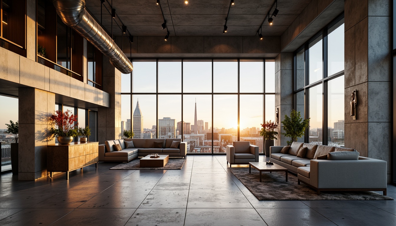 Prompt: Urban skyscraper, sleek glass fa\u00e7ade, metallic accents, neutral tones, monochromatic scheme, industrial chic, exposed ductwork, polished concrete floors, minimalist decor, vibrant cityscape, warm golden lighting, shallow depth of field, 1/1 composition, realistic textures, ambient occlusion.