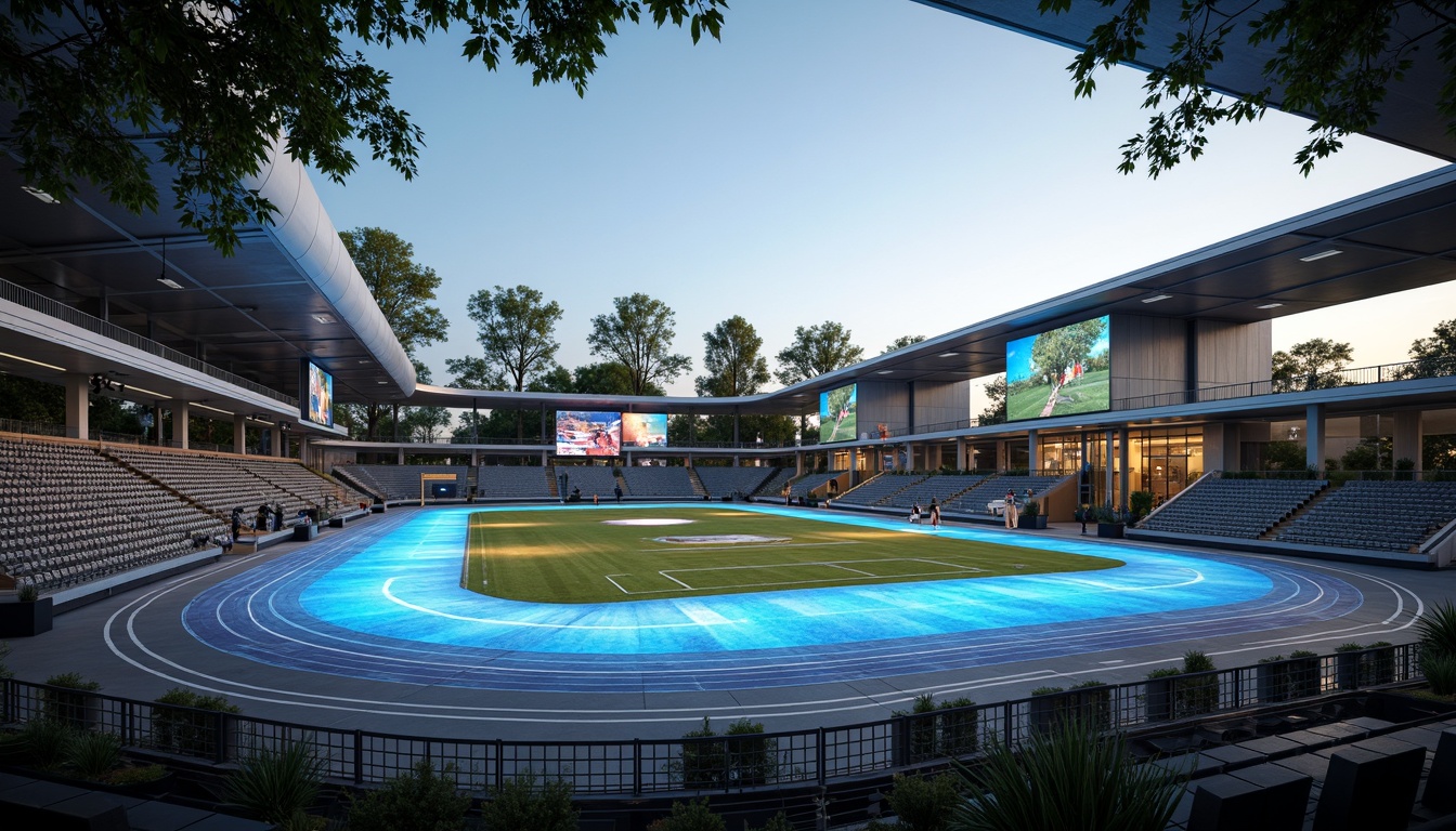 Prompt: Futuristic sports complex, neon-lit athletic tracks, holographic scoreboards, sleek metallic bleachers, iridescent turf, glowing accents, wind-swept trees, curved lines, minimalist architecture, sustainable energy systems, solar-powered lighting, misting systems, shaded canopies, angular grandstands, vibrant LED displays, dynamic digital signage, 3/4 composition, panoramic view, soft warm glow, shallow depth of field.