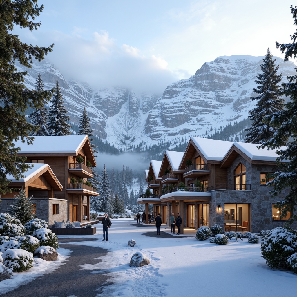 Prompt: Snow-capped mountains, rustic wooden buildings, earthy tones, natural stone walls, sloping roofs, wooden accents, cozy fireplaces, ski lifts, snow-covered trees, frozen lakes, misty mornings, warm lighting, shallow depth of field, 2/3 composition, realistic textures, ambient occlusion, eco-friendly materials, recycled wood, low-carbon footprint, energy-efficient systems, green roofs, solar panels, wind turbines, regionalism-inspired architecture, traditional ski lodge aesthetic, modern sustainable design, minimalist decor, natural fabrics, earthy color palette.