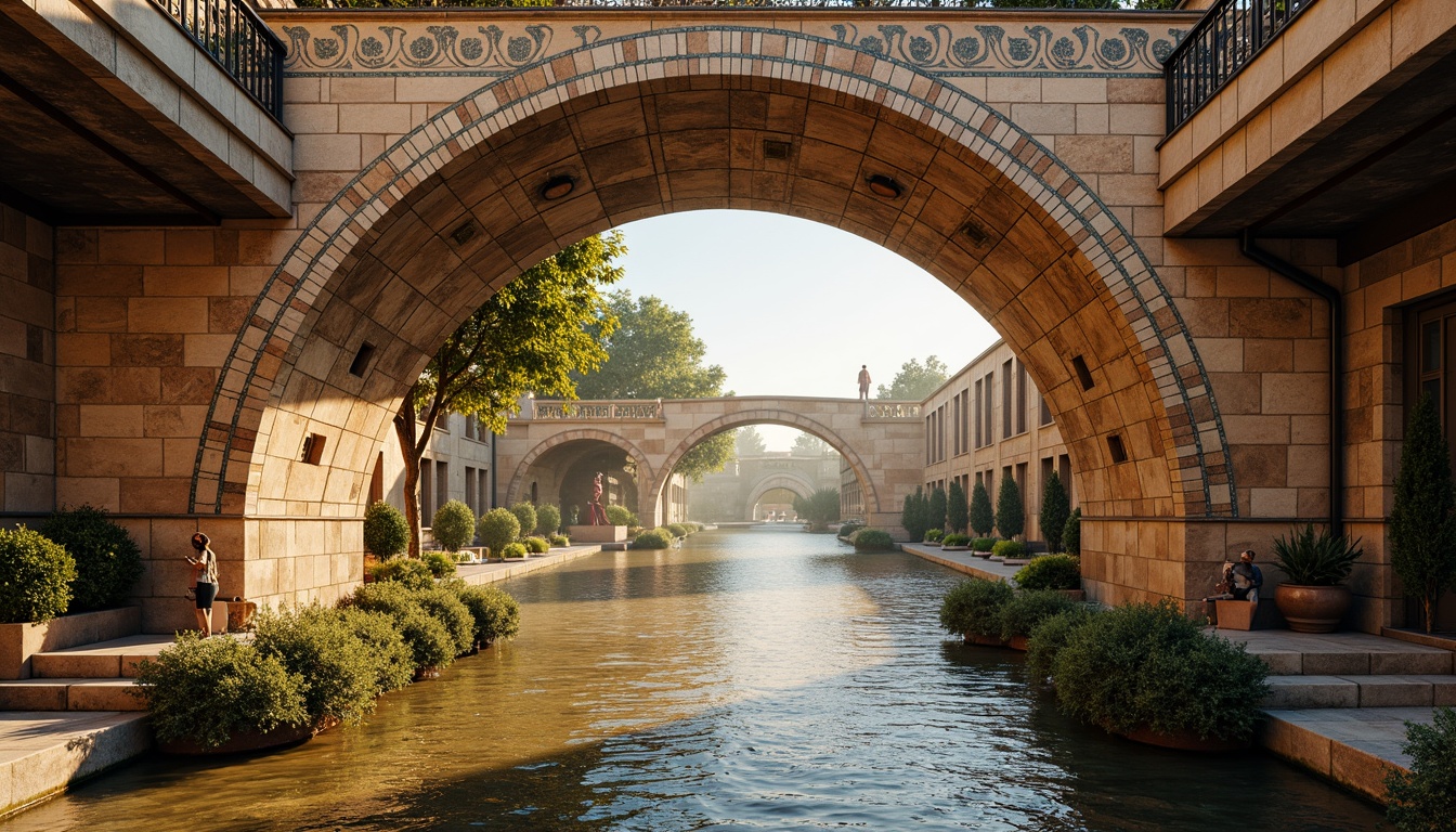 Prompt: Byzantine bridge, warm golden stone, rustic brick arches, ornate iron railings, intricate mosaic patterns, rich turquoise accents, earthy terracotta tones, weathered copper details, grandiose architectural style, majestic river views, soft morning light, atmospheric mist, 1/2 composition, symmetrical framing, realistic stone textures, ambient occlusion.