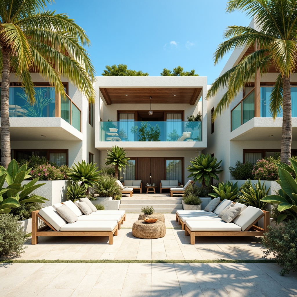 Prompt: Vibrant beachside villas, pastel hues, soft sandy textures, driftwood accents, ocean-inspired murals, turquoise glass railings, coral reef-patterned tiles, seaside-inspired furniture, woven rattan decorations, natural fiber textiles, warm sunny lighting, shallow depth of field, 1/2 composition, symmetrical architecture, refreshing ocean breeze, tropical palm trees, powdery white sandy beaches.