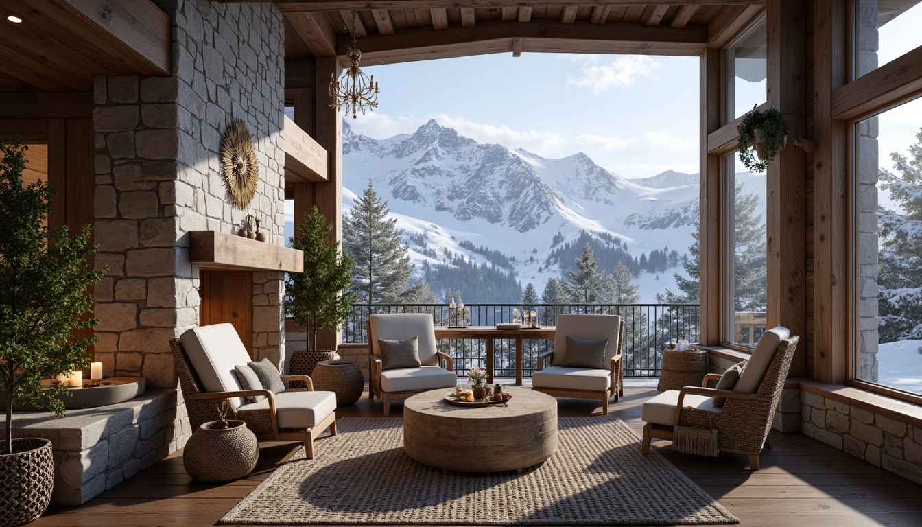 Prompt: Snow-capped mountain peaks, rustic wooden chalets, earthy stone walls, reclaimed wood accents, natural fiber textiles, woven wicker furniture, pinecone decorations, frosted glass windows, snowflake-inspired patterns, warm candle lighting, cozy fireplaces, plush area rugs, nature-inspired color palette, organic shapes, asymmetrical architecture, panoramic mountain views, misty morning atmosphere, soft focus photography, 1/2 composition, atmospheric perspective.