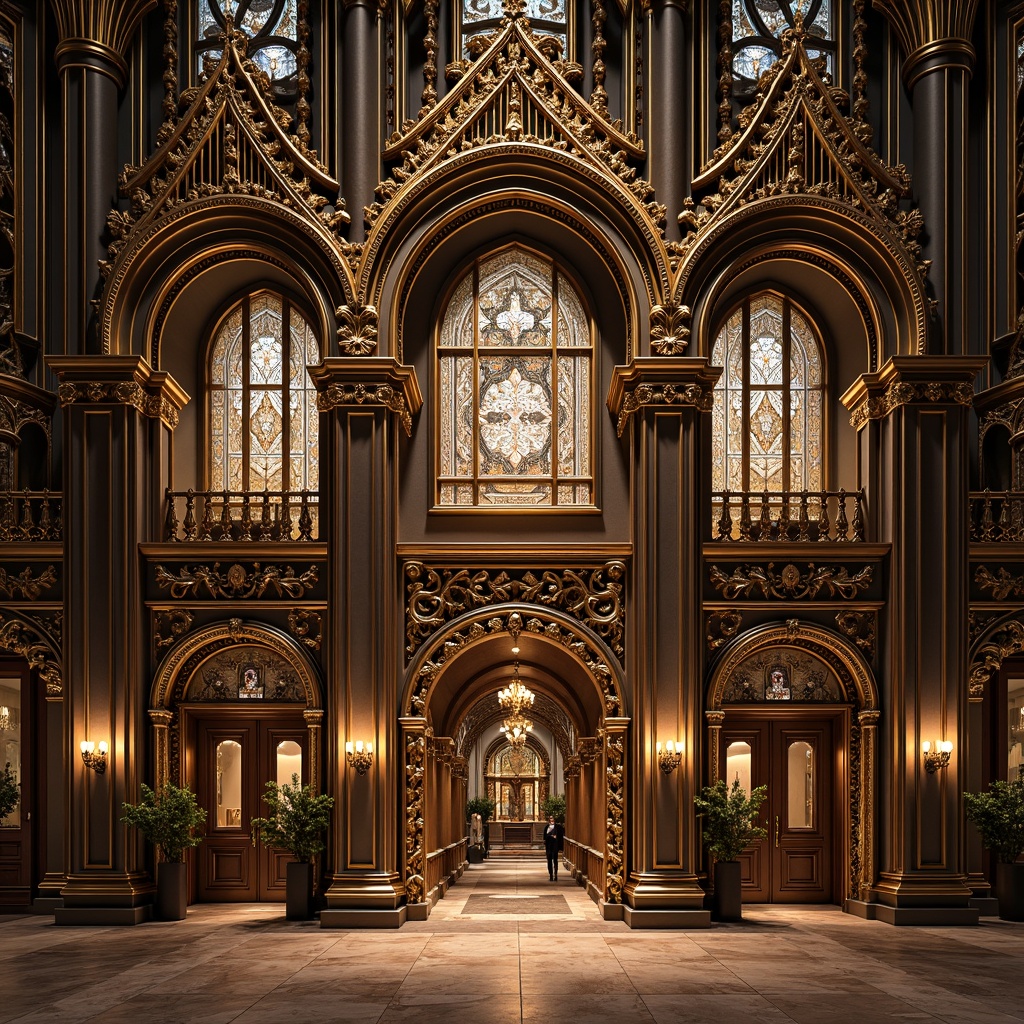 Prompt: Intricate ornate church facade, symmetrical composition, lavish decorations, sculptural elements, metallic accents, geometric patterns, zigzag motifs, chevron designs, sunburst ornaments, stylized florals, luxurious materials, marble floors, stained glass windows, grandiose entrance, dramatic lighting, warm golden tones, high contrast shading, detailed textures, ambient occlusion, 1/1 composition, frontal view, realistic rendering.