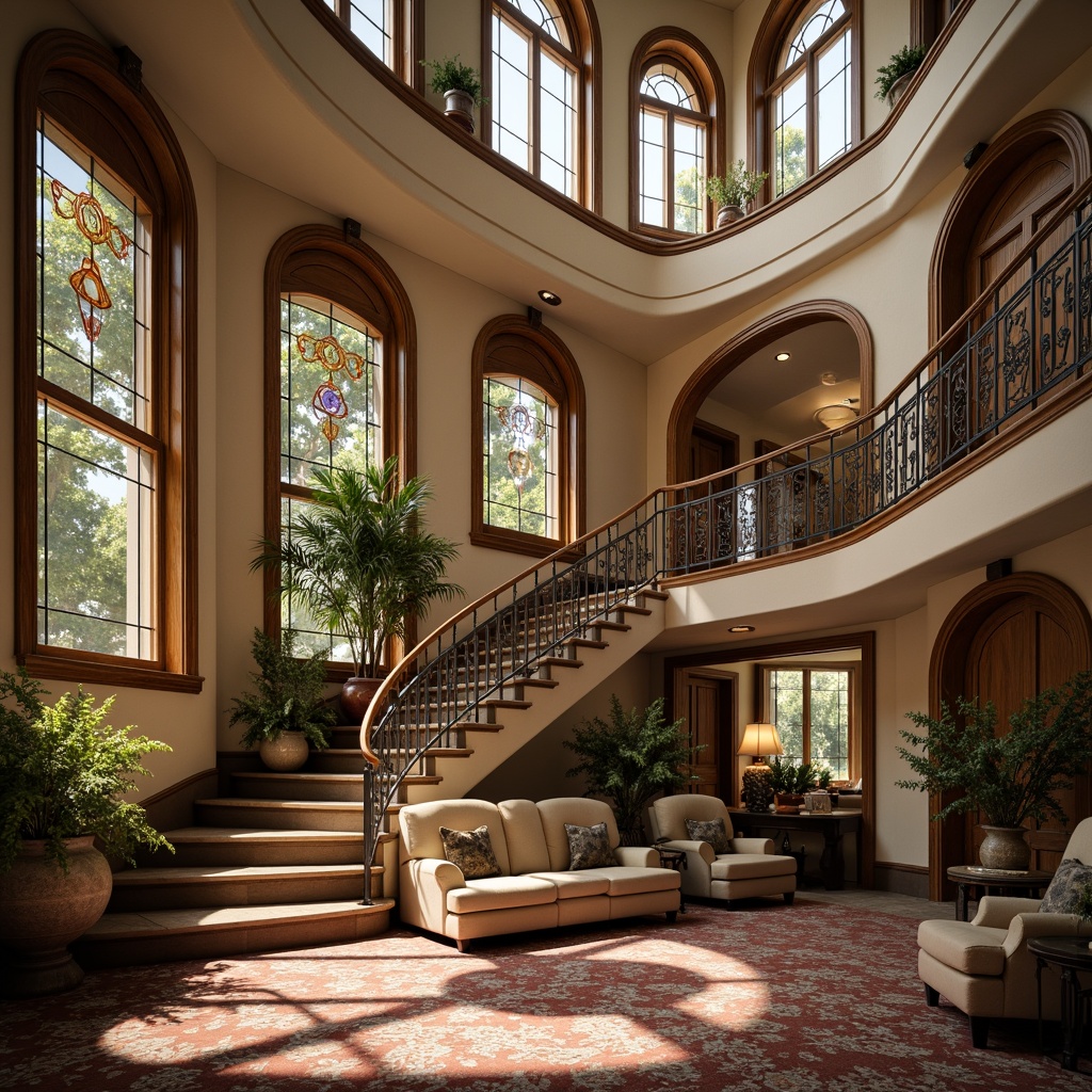 Prompt: Elegant townhouse, curved lines, ornate decorations, organic forms, flowing patterns, soft earth tones, natural materials, stone fa\u00e7ade, wooden accents, stained glass windows, grand entrance, sweeping staircases, luxurious furnishings, plush carpets, vintage fixtures, warm atmospheric lighting, shallow depth of field, 1/2 composition, intimate cozy spaces, realistic textures, ambient occlusion.