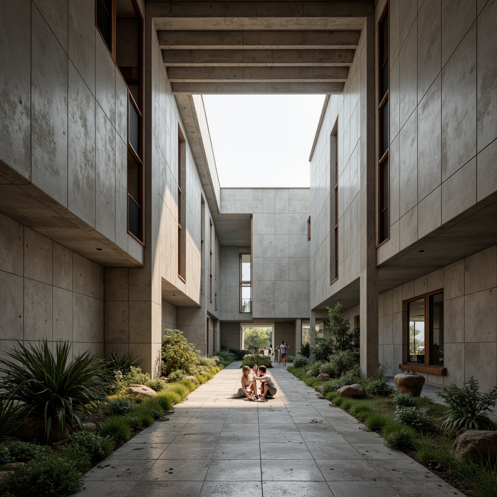 Prompt: Minimalist monastery, brutalist architecture, raw concrete walls, industrial steel beams, functional simplicity, geometric shapes, monochromatic color scheme, sparse greenery, rustic wooden accents, distressed stone flooring, dramatic natural light, high ceilings, angular lines, modernist sculptures, abstract artwork, subtle textures, atmospheric misting, soft warm lighting, shallow depth of field, 1/1 composition, panoramic view.