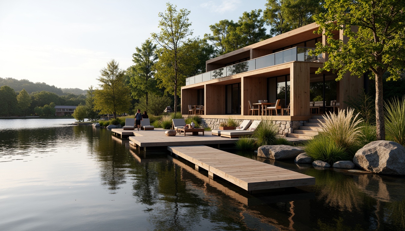 Prompt: Lakefront house, rustic wooden dock, serene water reflections, surrounding lush greenery, modern facade design, large windows, sliding glass doors, natural stone walls, cedar wood accents, waterfront patio, outdoor seating area, soft warm lighting, shallow depth of field, 3/4 composition, panoramic view, realistic textures, ambient occlusion.