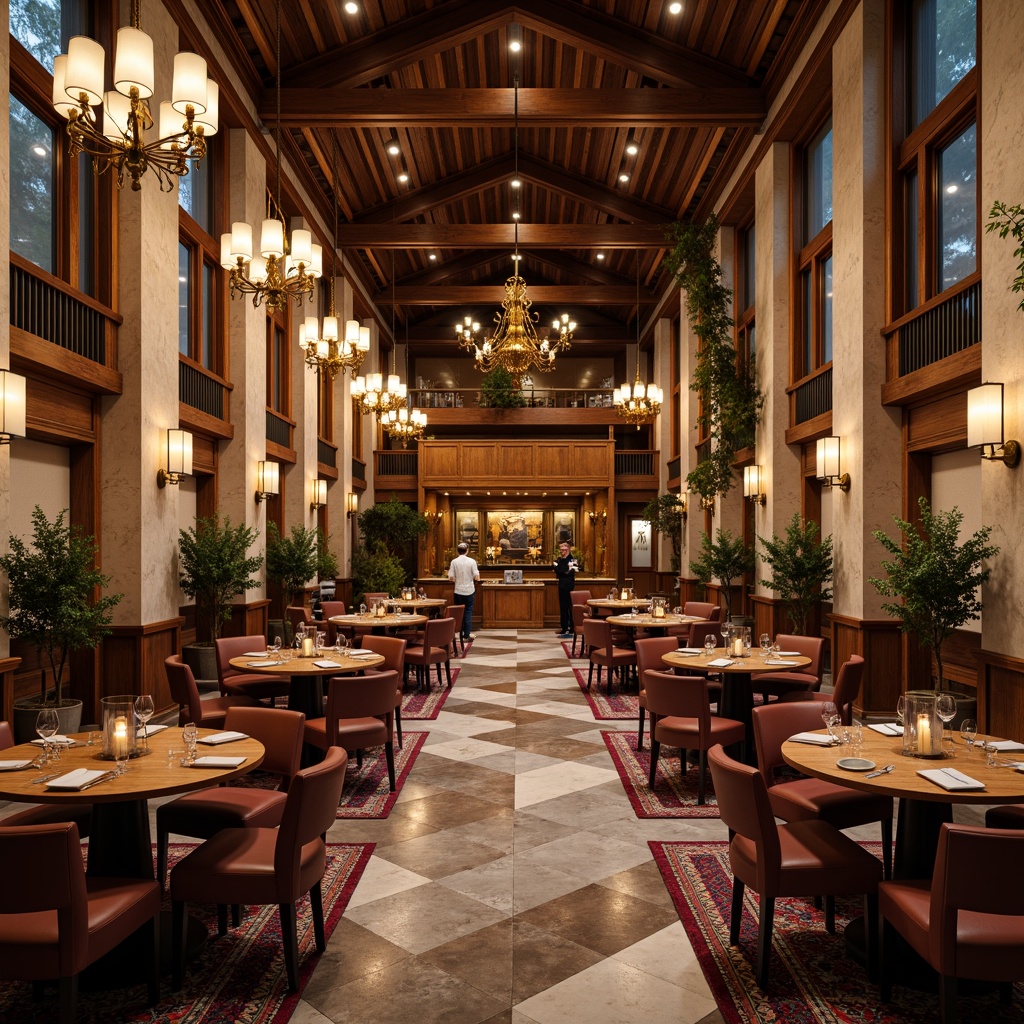 Prompt: Grand dining hall, high ceilings, ornate chandeliers, wooden tables, upholstered chairs, textured stone walls, polished marble floors, warm ambient lighting, cozy atmosphere, vibrant tapestries, patterned rugs, elegant candelabras, classic architectural columns, rustic wooden accents, soft warm color palette, shallow depth of field, 1/1 composition, realistic reflections, subtle shading.