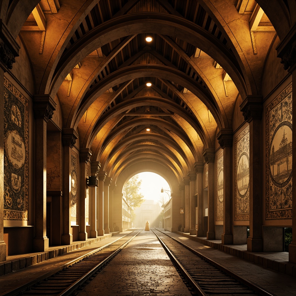 Prompt: Vaulted ceilings, grand archways, ornate columns, rustic stone walls, warm golden lighting, intricate mosaic patterns, vintage tram tracks, industrial metal beams, distressed brick textures, atmospheric fog effects, 1/1 composition, low-angle shot, dramatic shadows, realistic ambient occlusion.