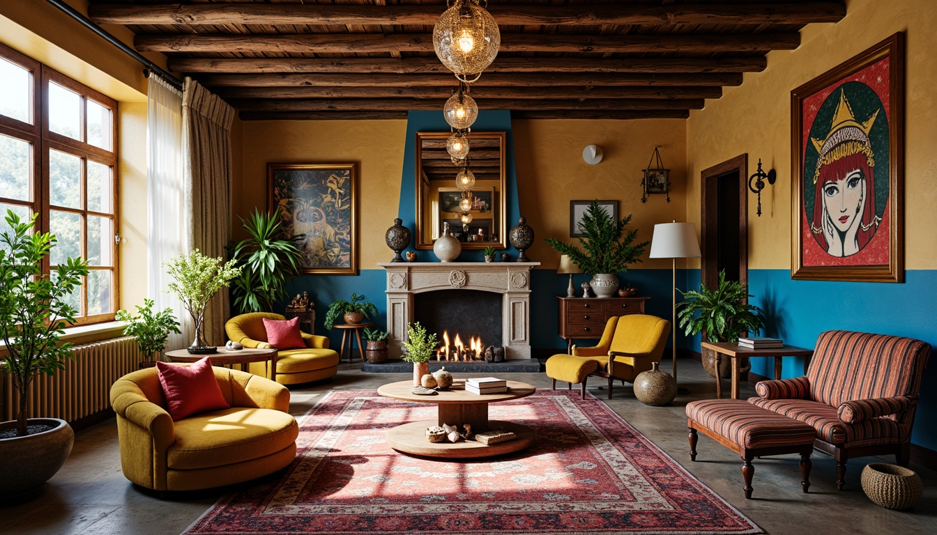 Prompt: Vibrant eclectic interior, bold color palette, contrasting textures, mixed metallic accents, vintage decorative items, distressed finishes, unconventional furniture shapes, abstract artwork, patterned rugs, lush greenery, natural light, warm ambiance, eclectic accessories, rich wood tones, luxurious fabrics, statement lighting fixtures, ornate details, maximalist decor, bohemian vibe.