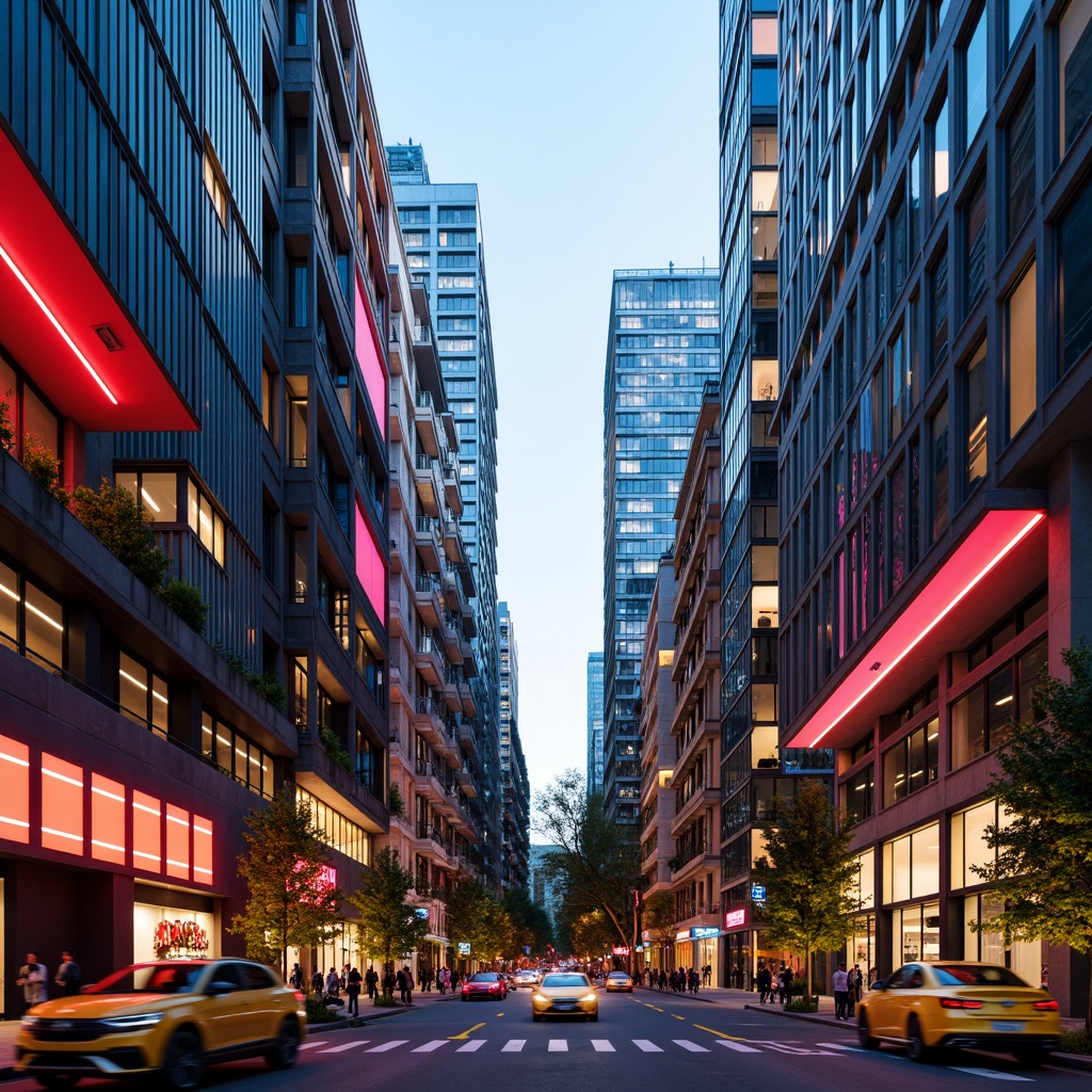 Prompt: Vibrant cityscape, modern skyscrapers, reflective glass facades, bold color blocking, contrasting hues, harmonious gradient transitions, sleek metal accents, neon light installations, urban density, bustling streets, warm evening ambiance, soft golden lighting, shallow depth of field, 1/1 composition, realistic textures, ambient occlusion.