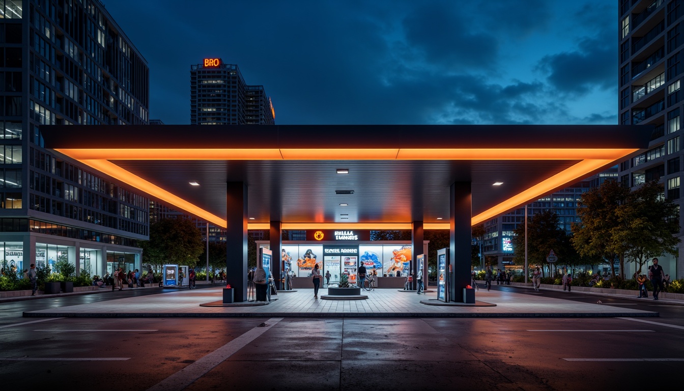 Prompt: Modern gas station, sleek metal canopy, neon signage, LED strip lights, warm ambient glow, high-contrast lighting, dramatic shadows, industrial chic aesthetic, polished concrete floors, minimalist decor, futuristic fuel pumps, angular lines, geometric shapes, reflective surfaces, urban cityscape, night time, cool blue tone, cinematic mood, low-key lighting, subtle gradient effects, realistic reflections.