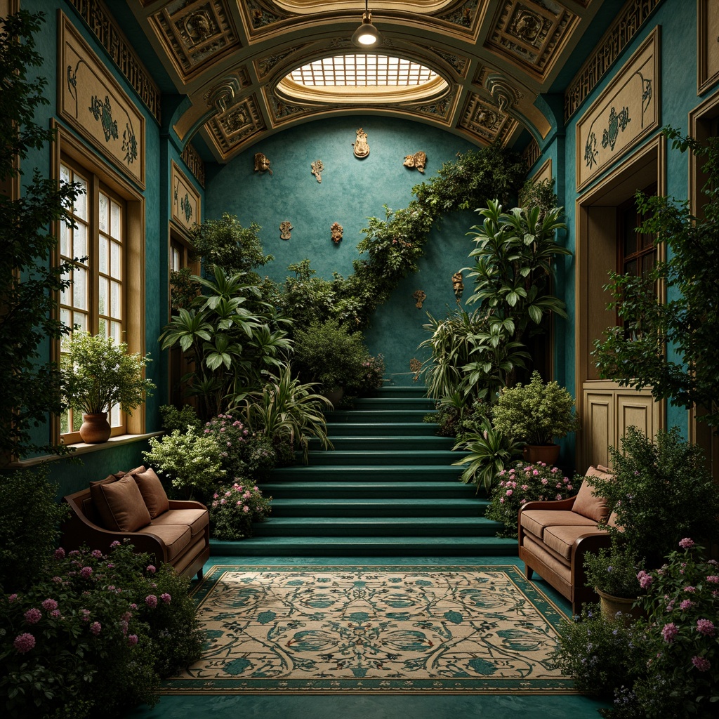 Prompt: Intricate ornate details, flowing curves, botanical inspirations, lavish ornamentation, luxurious materials, jewel-toned colors, rich emerald greens, deep blues, warm golden yellows, soft creams, velvety blacks, metallic accents, subtle iridescence, organic textures, whimsical patterns, romantic ambiance, nostalgic atmosphere, vintage elegance, ornate typography, curvilinear lines, dramatic lighting, high contrast shading, realistic renderings.