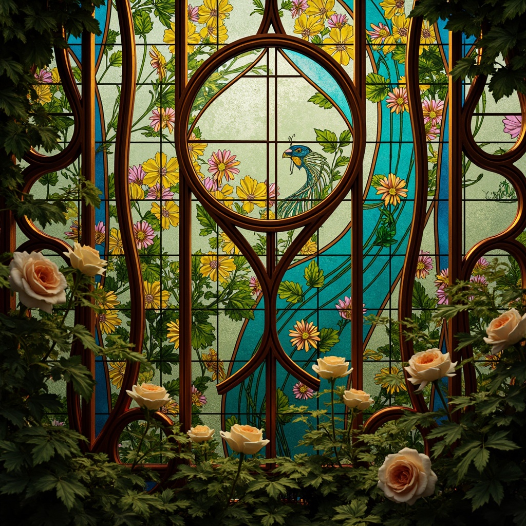 Prompt: Whimsical Art Nouveau design, organic flowing lines, sinuous curves, ornate metalwork, stained glass windows, jewel-toned colors, emerald green, sapphire blue, amethyst purple, golden yellow, rich bronze, intricate mosaics, blooming flowers, foliage patterns, peacock feathers, iridescent sheen, soft warm lighting, shallow depth of field, 1/2 composition, close-up shot, realistic textures, ambient occlusion.