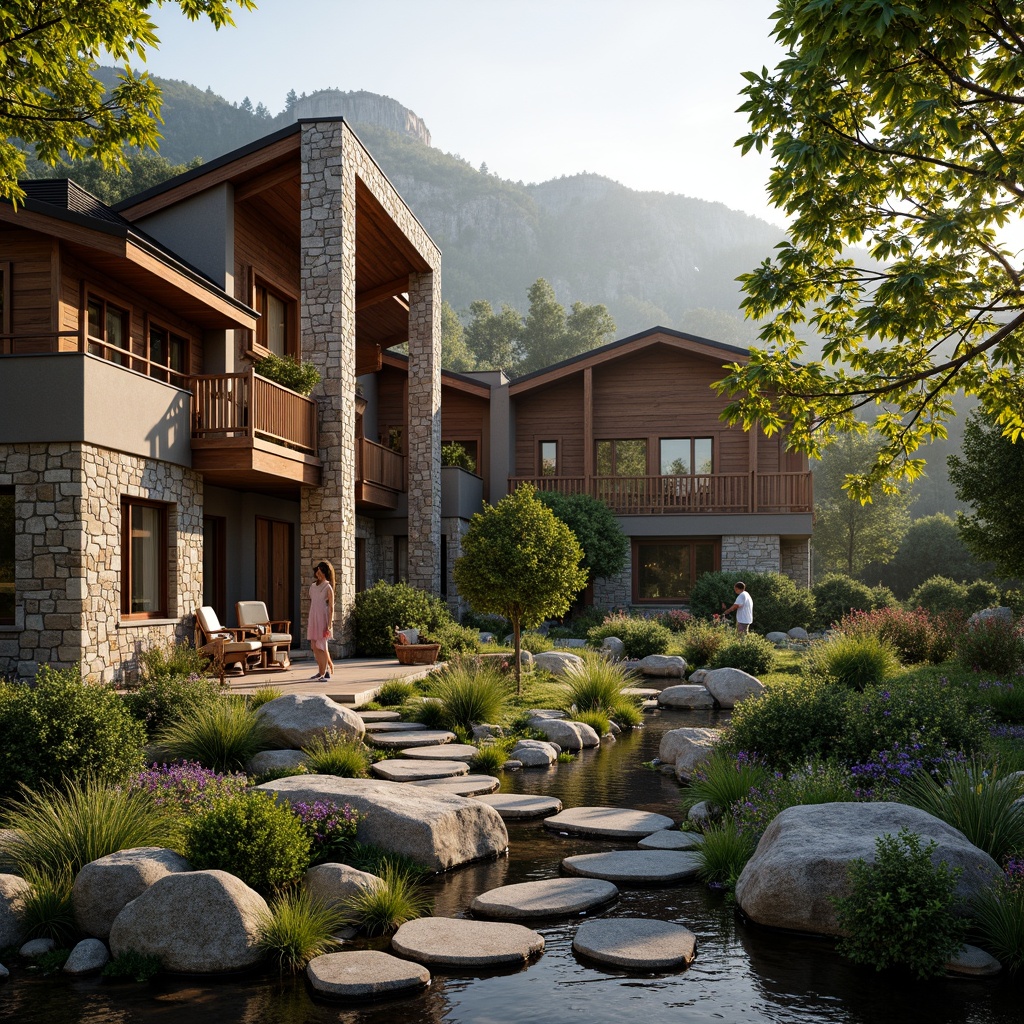 Prompt: Rustic mountain lodge, eclectic exterior, natural stone fa\u00e7ade, wooden accents, earthy color palette, lush greenery, winding pathways, stepping stones, water features, koi ponds, mini waterfalls, boulders, native plants, wildflowers, meandering streams, misty mornings, warm golden lighting, shallow depth of field, 1/2 composition, cinematic view, realistic textures, ambient occlusion.