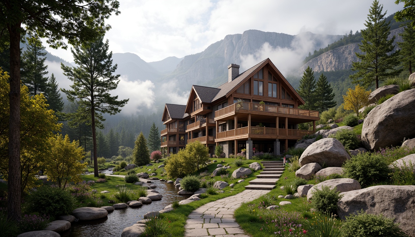 Prompt: Rustic mountain lodge, eclectic mix of natural materials, wooden accents, stone fa\u00e7ades, steeply pitched roofs, sprawling verandas, lush greenery, vibrant wildflowers, winding stone pathways, tranquil water features, meandering streams, rugged boulder formations, majestic pine trees, misty morning atmosphere, soft diffused lighting, 1/2 composition, intimate framing, warm earthy tones, realistic foliage textures.