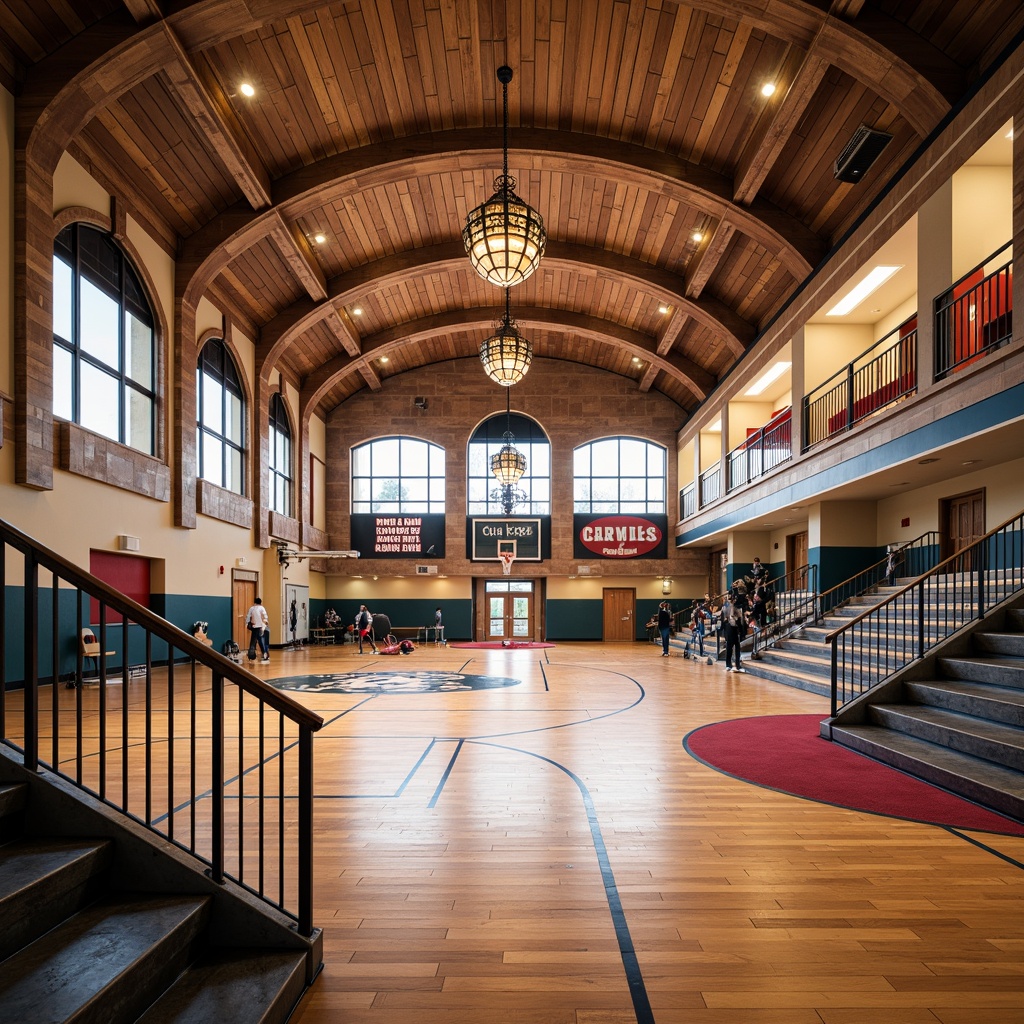 Prompt: Elegant gymnasium interior, polished wooden floors, ornate metal railings, decorative ceiling fixtures, vibrant sports team colors, modern athletic equipment, motivational quotes, natural stone accents, grand chandeliers, sweeping archways, tall ceilings, abundant natural light, soft warm lighting, 1/1 composition, realistic textures, ambient occlusion.