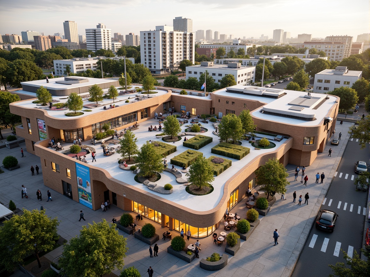 Prompt: Vibrant youth center, metabolism-inspired architecture, undulating curves, exposed ductwork, recycled materials, green roofs, solar panels, wind turbines, living walls, hydroponic systems, educational signage, collaborative workspaces, cozy lounge areas, natural ventilation, soft diffused lighting, shallow depth of field, 3/4 composition, panoramic view, realistic textures, ambient occlusion, urban landscape, city skyline, bustling streets, public transportation, pedestrian-friendly infrastructure.