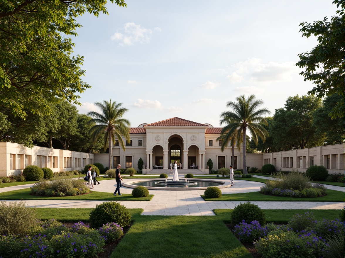 Prompt: Elegant neoclassical buildings, ornate facades, grand entrance archways, symmetrical compositions, rustic stone walls, manicured lawns, serene water features, walking paths, decorative fountains, vibrant flower beds, sculpted hedges, majestic tree lines, warm afternoon light, soft focus effect, 1/2 composition, atmospheric perspective, subtle texture overlays.