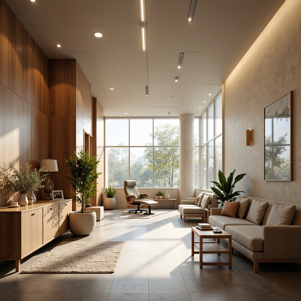 Prompt: Calming dental clinic, soft natural light, warm wood accents, comfortable waiting area, plush furniture, minimal decor, large windows, glass partitions, subtle color palette, clean lines, modern architecture, LED lighting, indirect illumination, diffused shadows, shallow depth of field, 1/2 composition, realistic textures, ambient occlusion.