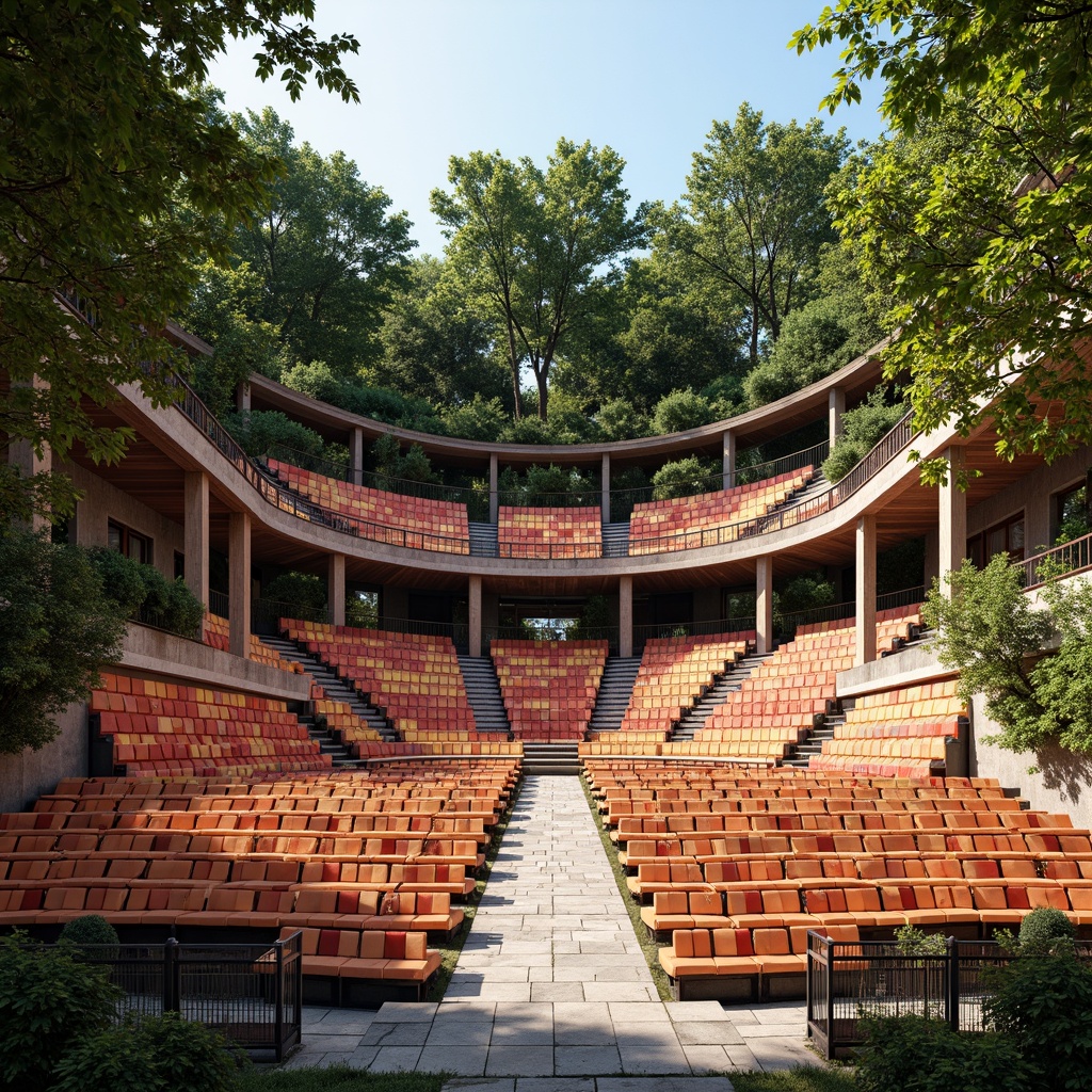 Prompt: Grand amphitheater, tiered seating arrangement, curved rows, vibrant colorful cushions, sturdy metal frames, rustic wooden accents, natural stone steps, lush greenery surroundings, open-air atmosphere, sunny day, soft warm lighting, shallow depth of field, 3/4 composition, panoramic view, realistic textures, ambient occlusion.Let me know if you need any adjustments or have further requests!