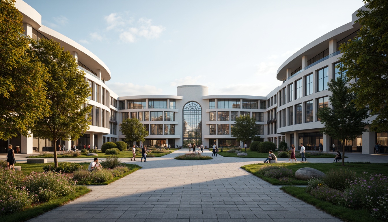 Prompt: Modern university campus, international style architecture, grand entrance gates, symmetrical facades, imposing columns, curved lines, neutral color palette, glass and steel materials, sleek minimalism, subtle textures, ambient lighting, shallow depth of field, 1/1 composition, panoramic view, realistic reflections, soft warm atmosphere, lush greenery, vibrant flowers, pedestrian walkways, stone pavements, bicycle lanes, outdoor seating areas, cultural sculptures, public art installations.