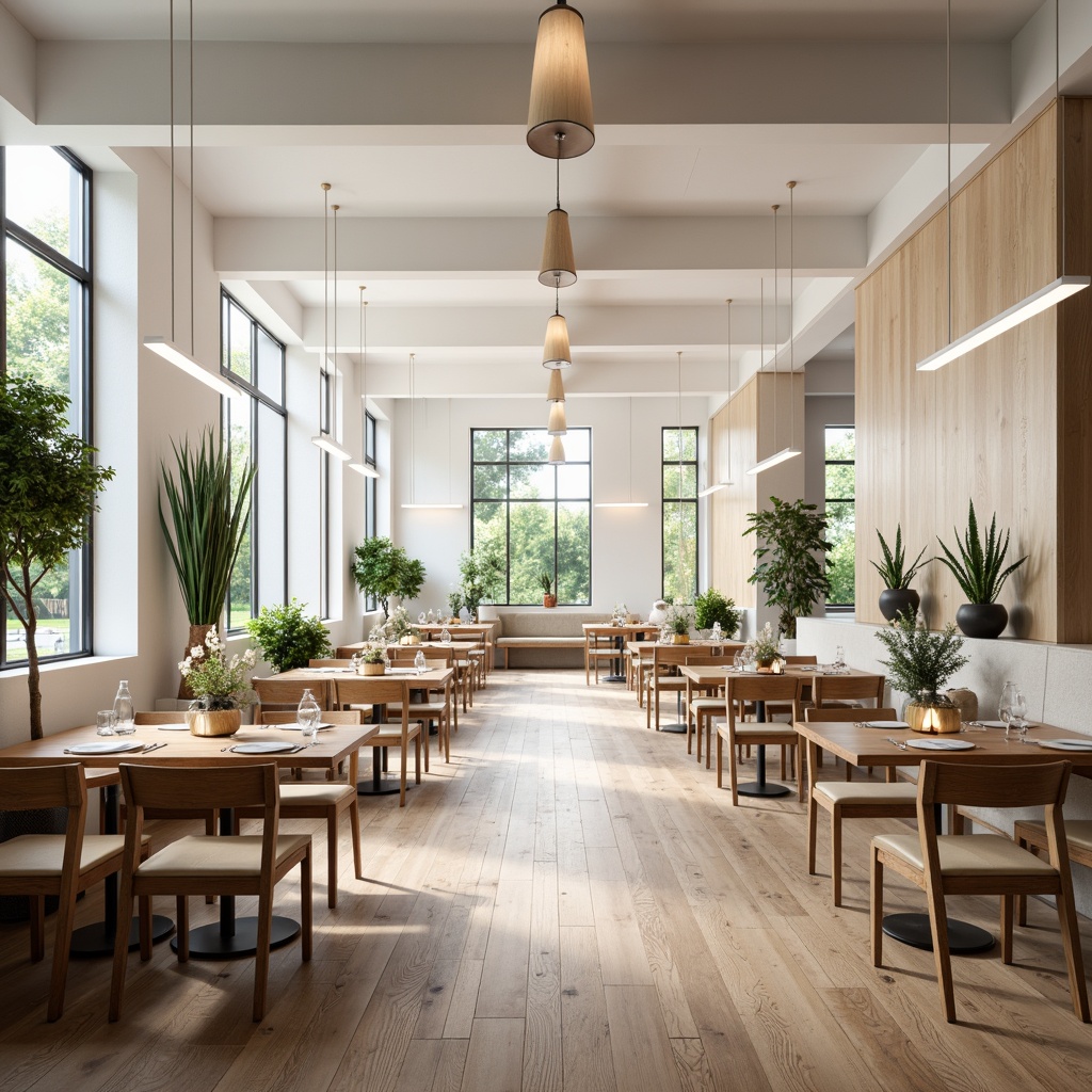 Prompt: Minimalist dining hall, open layout, sleek wooden flooring, simple tables, slim chairs, white walls, high ceilings, large windows, natural light, airy atmosphere, pendant lamps, modern chandeliers, greenery accents, potted plants, monochromatic color scheme, subtle textures, shallow depth of field, 1/1 composition, soft warm lighting, ambient occlusion.